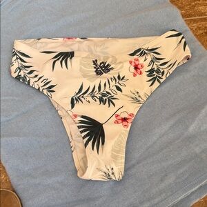 Tropical Floral Bikini Bottom - White with Green & Coral Flowers